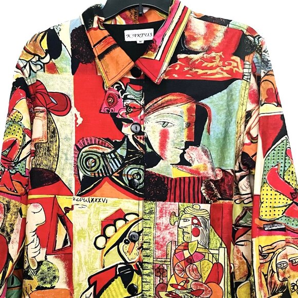 Picasso Cubism Modern Art VTG 80s Linen Jacket Kaktus Wearable Art Shacket Sz M - Picture 1 of 13